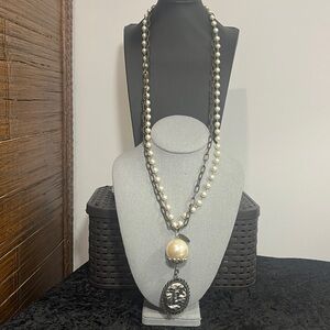 Plunder Design Long Double Strand Necklace Faux Pearl Pendant & Initial “F”